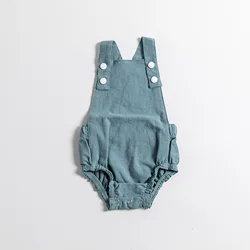 Summer infant girls solid linen romper sleeveless Suspender ruffle braces romper cross back baby girl onesie clothes RTS