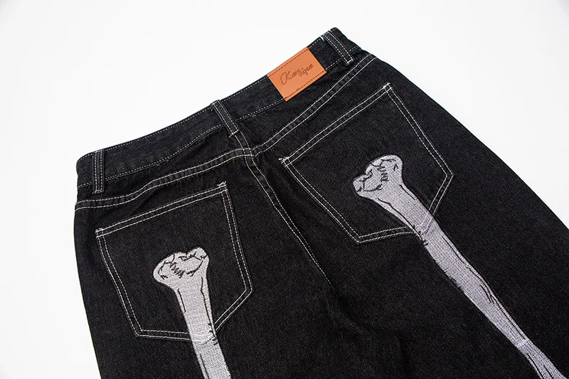 Custom Black Skeleton Embroidered Baggy Jeans Man Loose Wide Leg Fashion Casual Denim Straight Fit Jeans Men