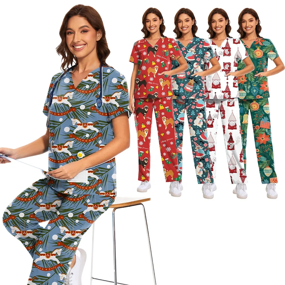 2024 Flowers Scrub Tops Women Cute Print Nurse Uniforms Scrubs Comfortable Hospital Women Printed Nursing Scrub Sets