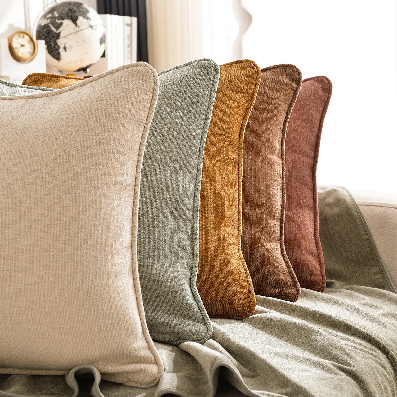 Solid color cotton linen throw pillow cover with piping edge sofa pillowcase decorative cushion cover for home decor farmhouse