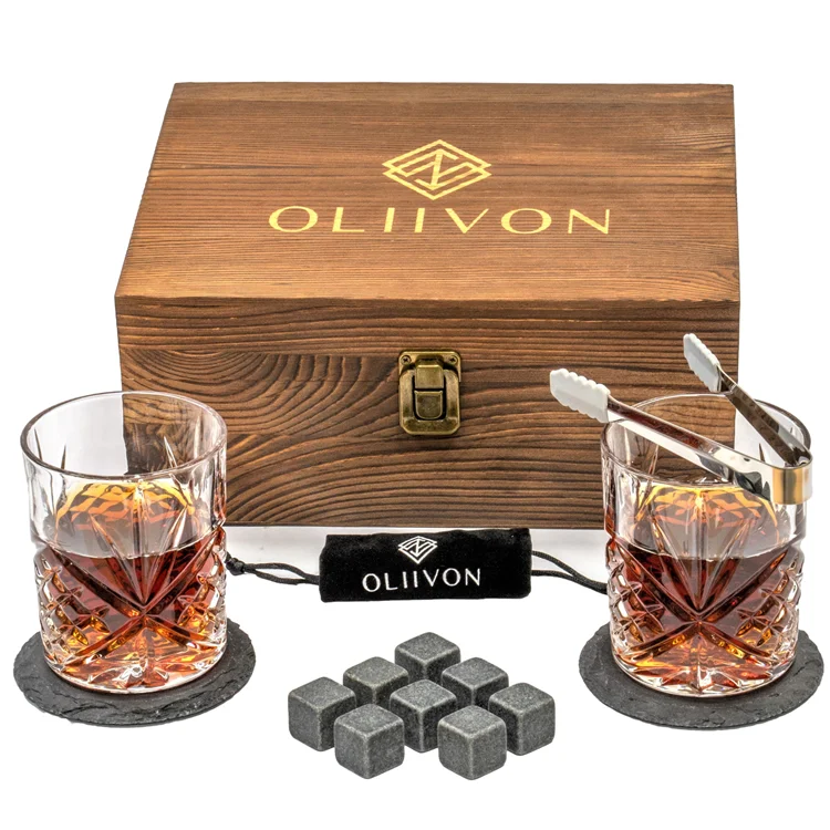 Hot Selling Vintage Creative Round Shaped Lead Free Crystal Whiskey Glass Set Wooden Gift Box For Whiskey Bourbon