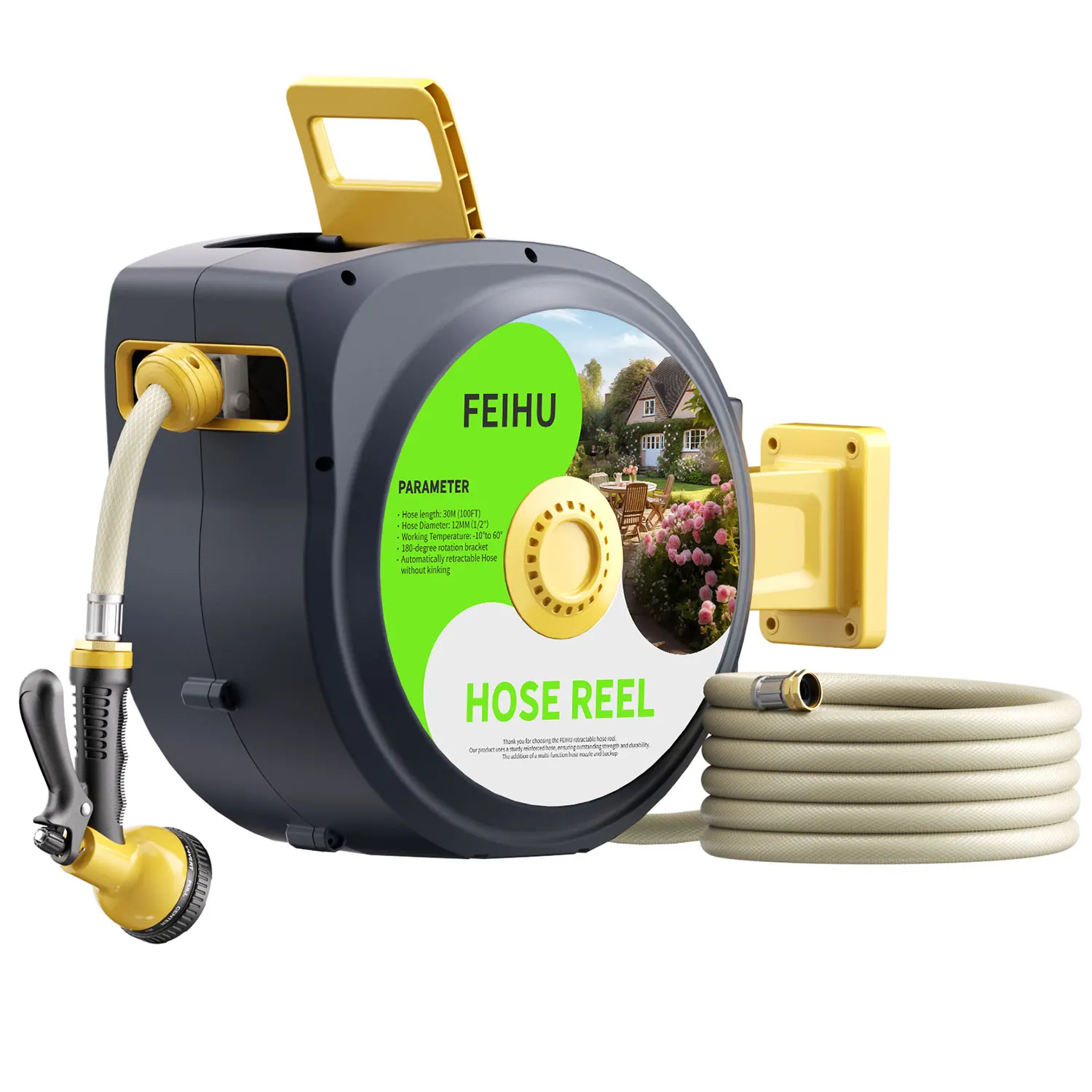 Retractable Garden Hose Reel 100FT Durable Wall Mounted Water Hose Reel- Smooth Automatic Rewind Lock Hose in Any Length