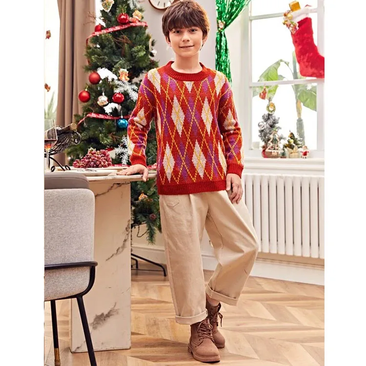 
Boys Christmas Drop Shoulder Argyle Pattern Funny Custom Fleece Sweaters Pullovers 