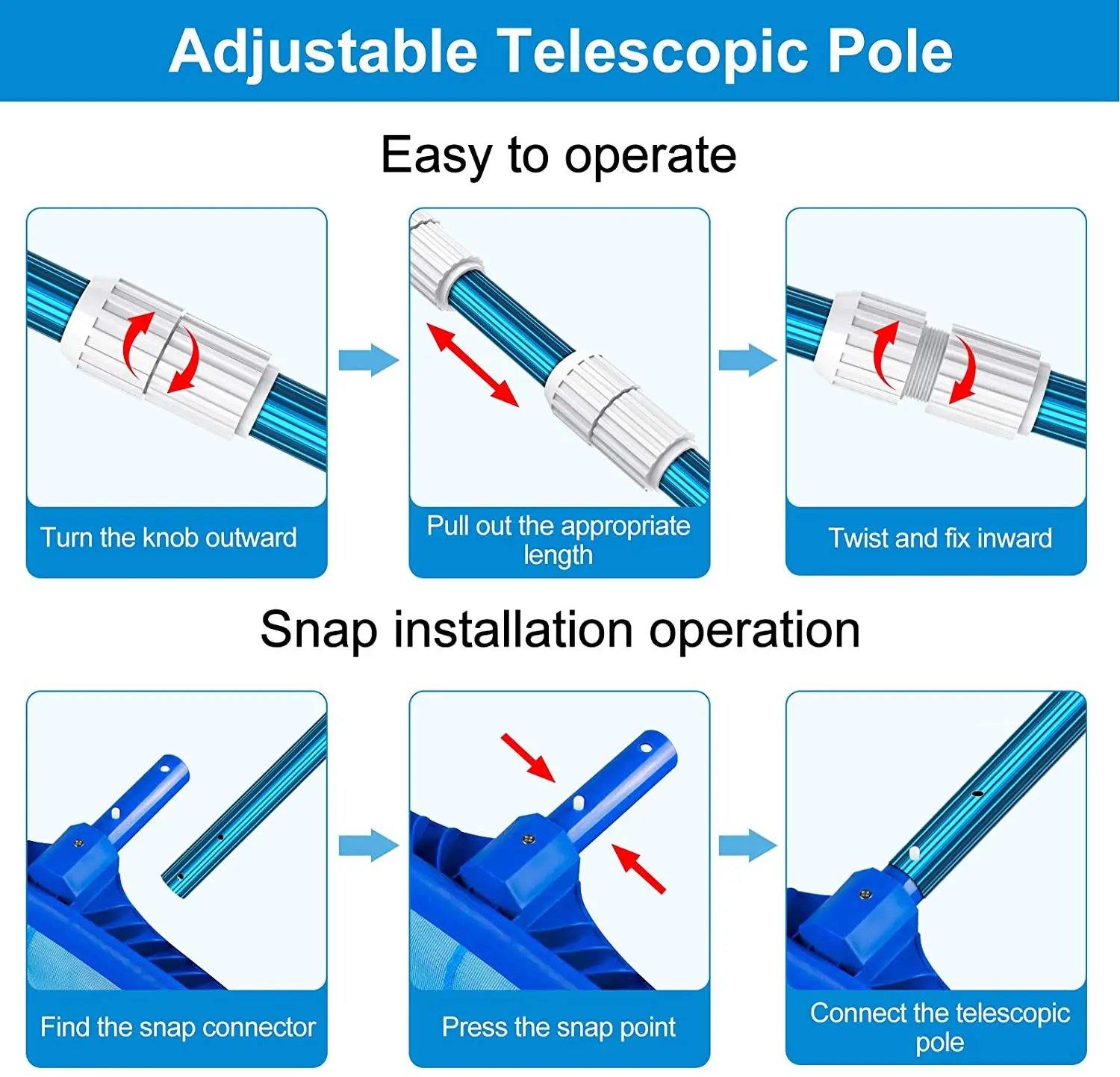 15 Feet Thicken 1.3mm Blue Aluminum Telescoping Swimming Pool Pole,Adjustable 3 Piece Expandable Step-Up,Attach Connect Skimmer