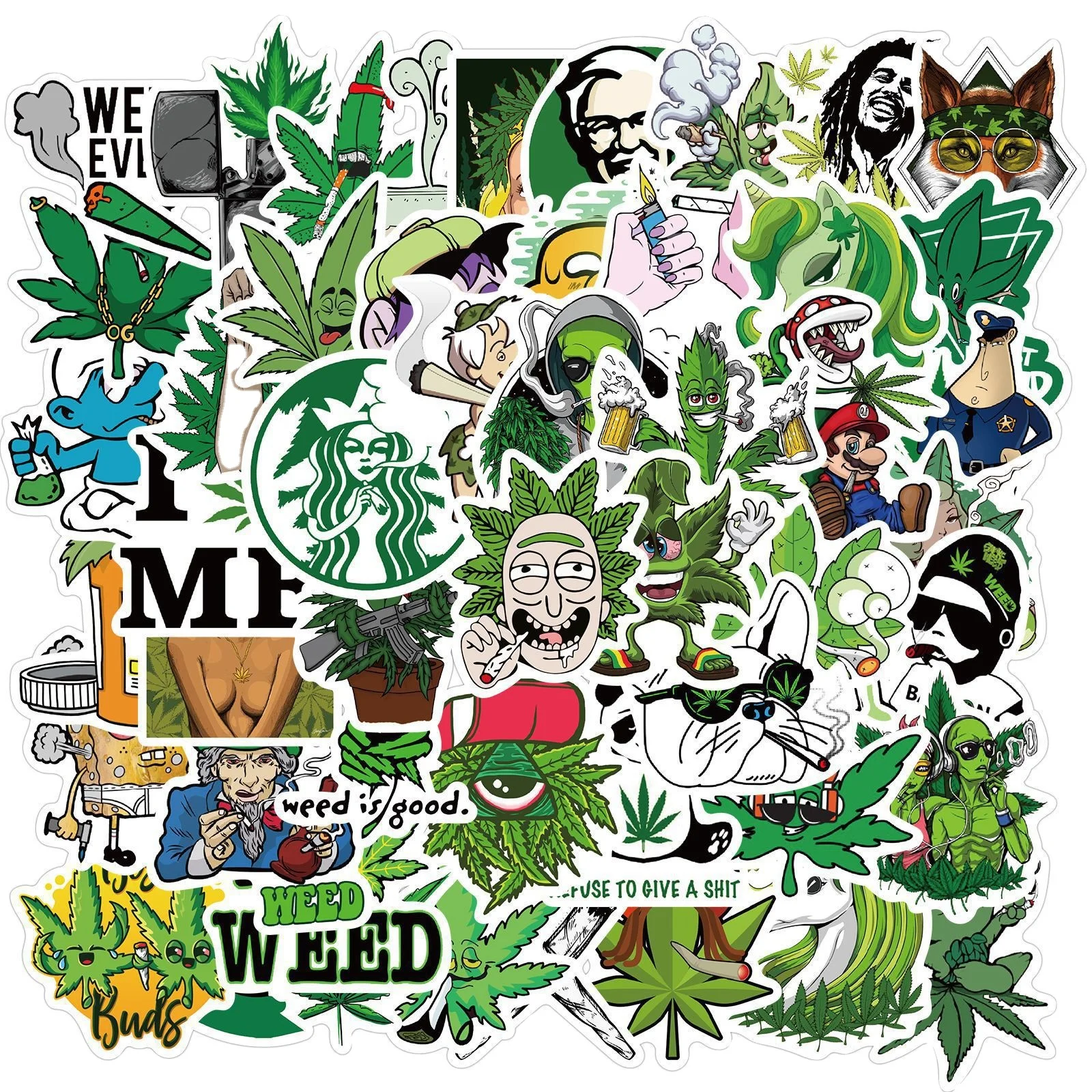 50Pcs Green Spoof Graffiti Weed Stickers For Skateboard Notebook Luggage Motorcycle Laptop Vinyl Smoking Stickers