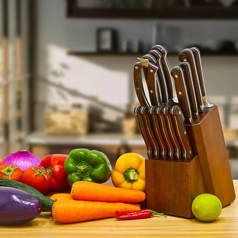 Premium 15 Piece High Carbon German Stainless Steel Kitchen Knife Set with Wooden Block 6 Steak Knives