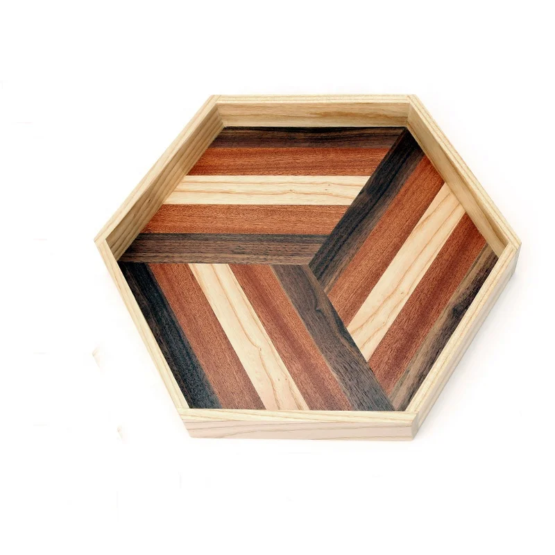 Walnut Wood Hexagon Serving Tray Splicing Wooden Breakfast Tray Serving Dinner Coffee Tray at Home