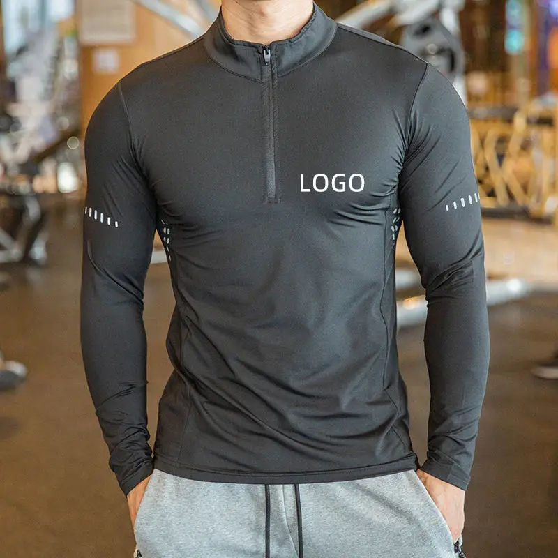 High Quality  Men Gym Wear Custom Half Zip T-shirts  High Neck Muscle Fitness Sports Tee Long Sleeve Gym T Shirts