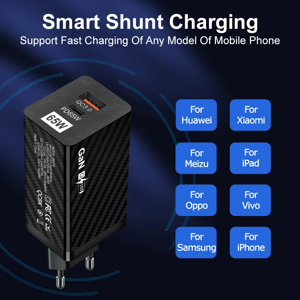 2022 Drop shipping private label customization OEM support EU US standard QC3.0 fast charging PD 65W GAN wall charger adapter