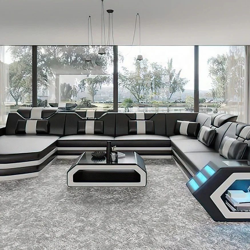 Modern design luxury leather fabric sofa with LED light music player for living room