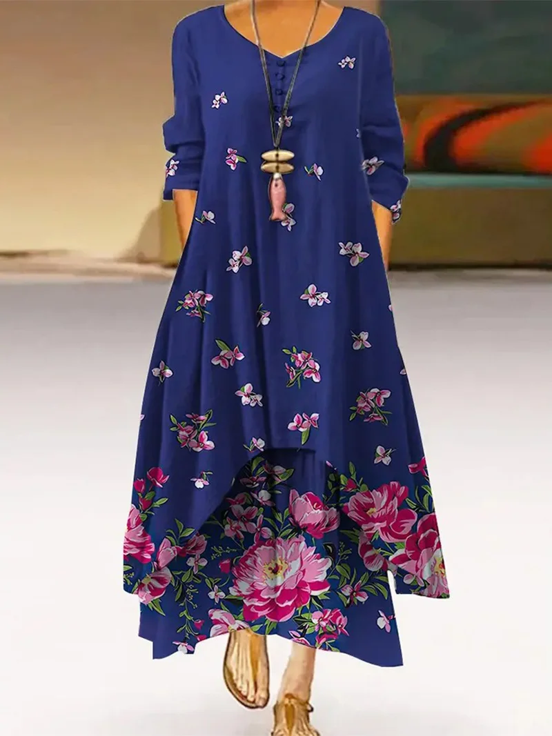 Wholesale Women Printing Colour Long Sleeve O Neck Casual Elegant Irregular Plus Size Maxi Dress Ladies