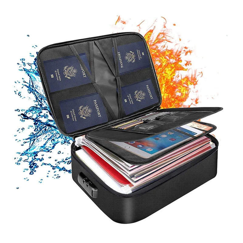 Portable important documents A4 travel document organizer filing safe waterproof fireproof document bag with lock