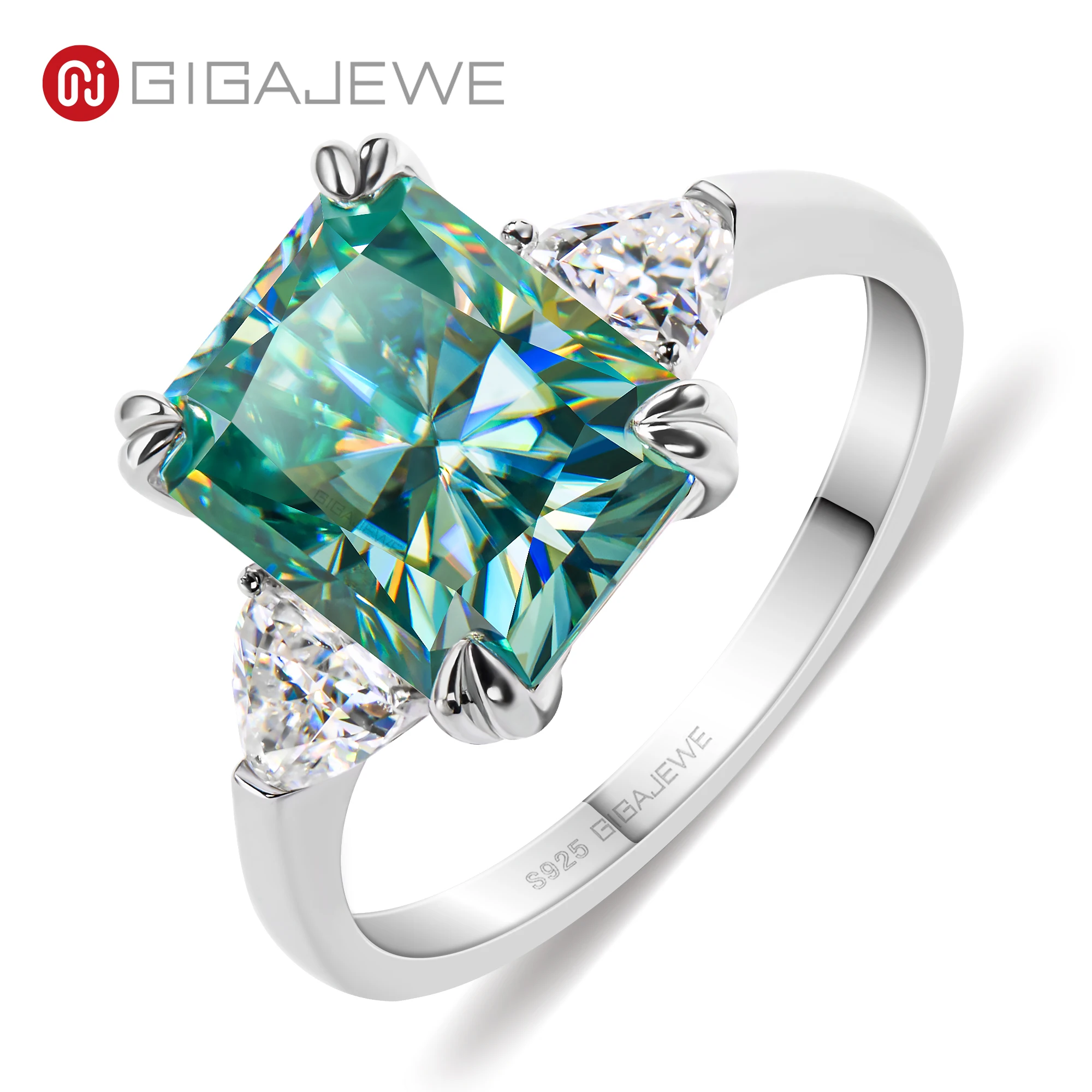 GIGAJEWE 8X10mm 4.0ct Radiant Cut Natural Cyan color moissanite silver 925  ring for women gift