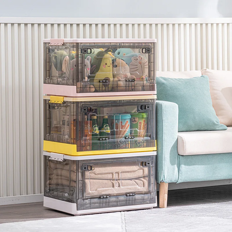 Wholesale Folding Transparent Container Side Door Plastic Toy Chest Storage Box With Wheels