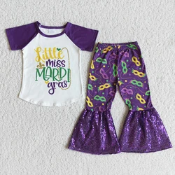 Girl Short Sleeve Raglan Shirt Dark Purple Flare Pants Set Toddler Kids Letters And Sequins Stitching Outfit For Mardi Gras
