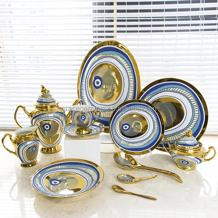 Royal 72 pcs Luxury Tableware Fine Bone china Dinner Set Gold Plated Kitchen Dinner Sets Pakistanni Dinnerware Set 105pcs in box