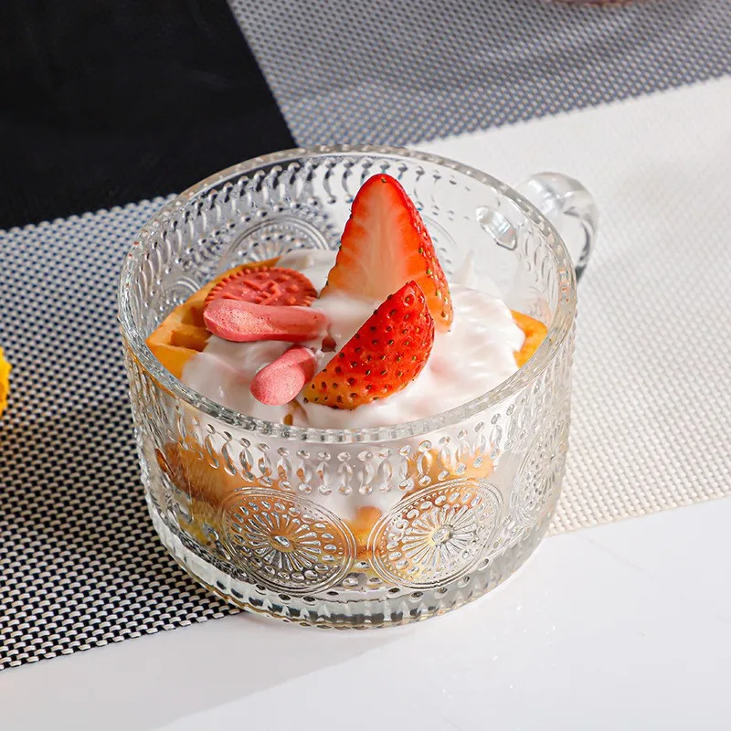 Vintage Glass Coffee Mugs 14 Oz Set of 2 Clear Embossed Tea Cups, Glass Coffee Cups for Cappuccino, Latte, Cereal, Yogurt, Bever