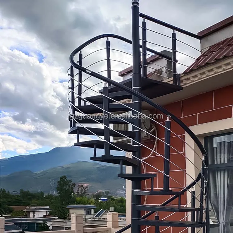 Yeguang good quality wooden steel spiral stair case modern black outdoor spiral stairs
