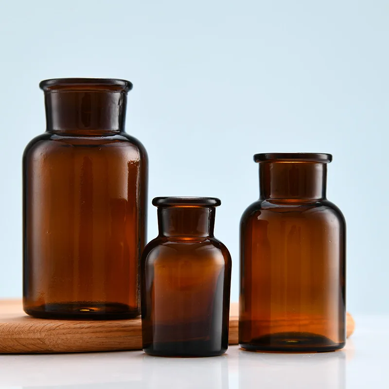 60ml 100ml Round Amber Wide Mouth Apothecary Jars Reagent Glass Bottle with Cork Lid