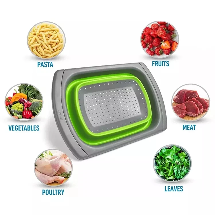 Wholesale Custom Square Retractable Handle Plastic Fruit Foldable Drain Basket Vegetable Washing Filter Basket