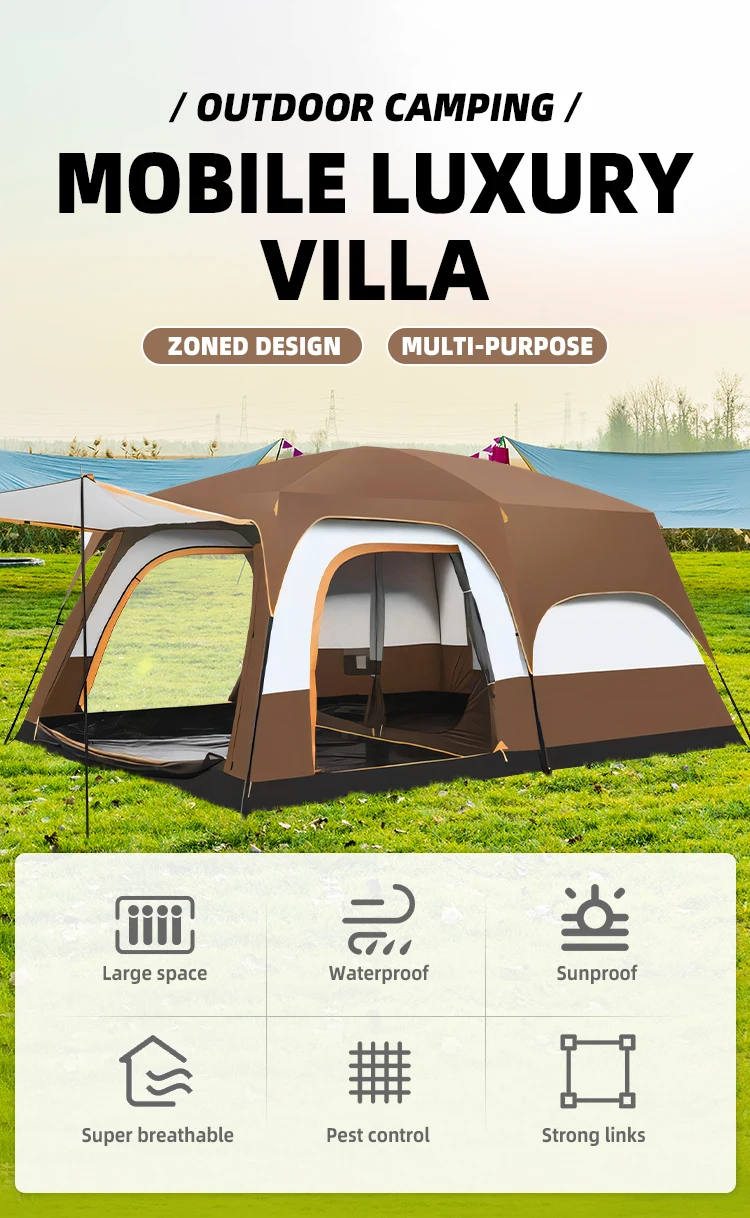 Mobile House Luxury Tents Hotel Resort Villas Camping Tent Family Outdoor and 8-10 Person Big Camping Tent Waterproof 2 Bedrooms
