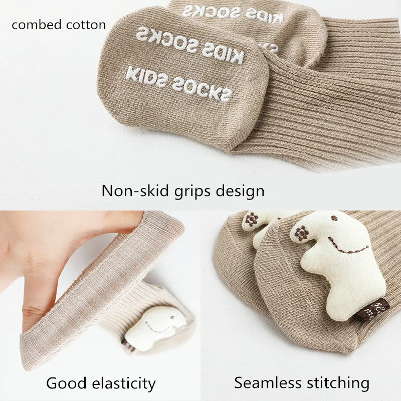 Adorable Baby Cotton Cartoon Animal Bear Elephant Cat Lion Moon Crown Floor Ankle Non-Skid Bootie Socks with Grips Soles