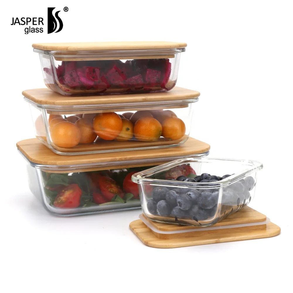 Oven Safe Glass Food Container With Bamboo Lid Meal Prep Glass Food Container  Set With Bamboo Lid
