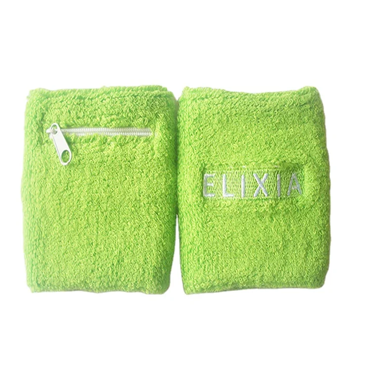 Promotional Custom Logo Green Sports cotton Wrist Sweatband with zipper pocket