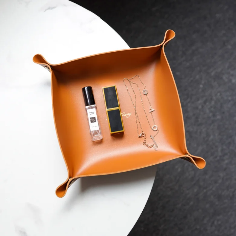 Youyue Premium Double Layer Pu Leather Storage Tray  Faux Leather Desk Organizer Coin/Key Tray