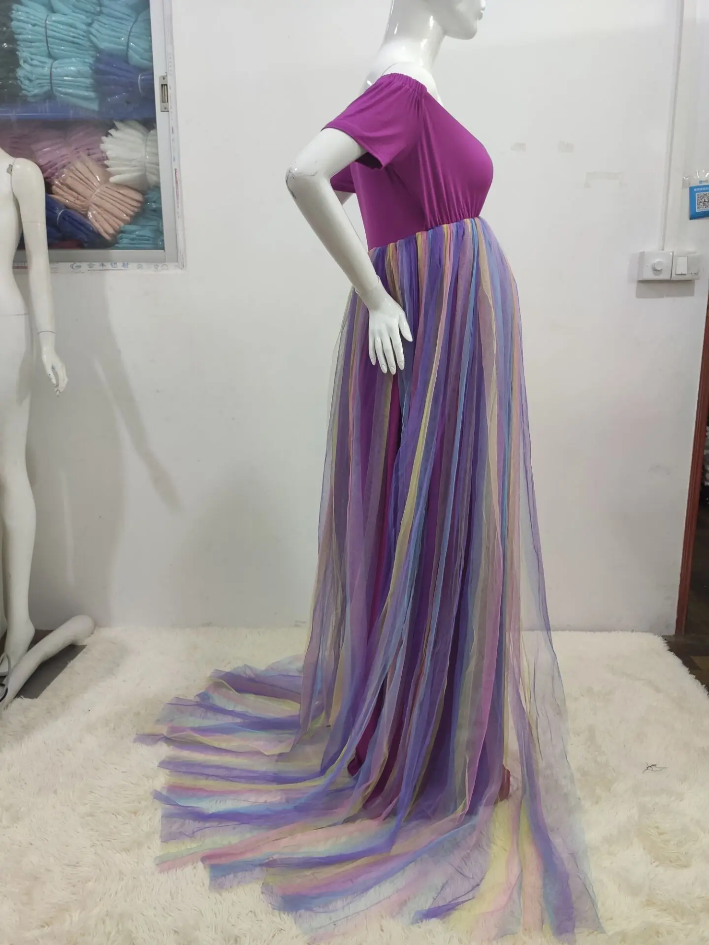 New Style Plus Size Rainbow Tulle Evening Robes Maternity Pregnancy Fancy Maxi Off Shoulder Cotton Gown Dress For Photo Shooting
