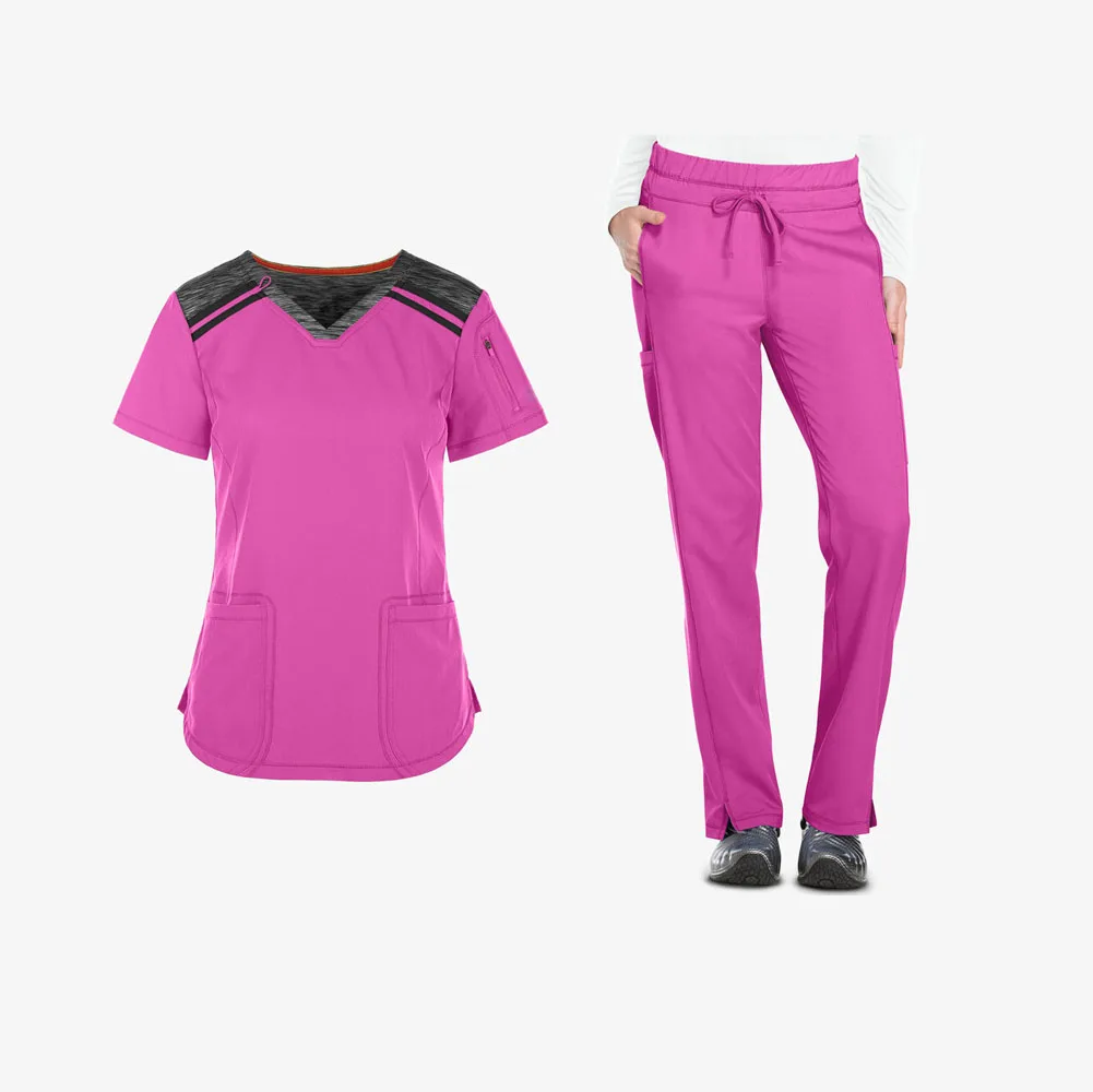 Factory Outlet Stylish Scrubs Uniforms Sets Contrast V-Neck Shirt And Stretch Cargo Drawstring Pants Scrubs Solid Scrub Hospital
