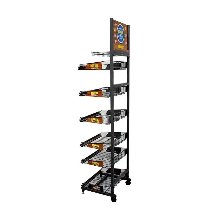 Customized Supermarket Store Wire Snacks Potato Chip Chocolate Grocery Food Biscuit Beef Jerky Stand Metal Shelf Display Rack