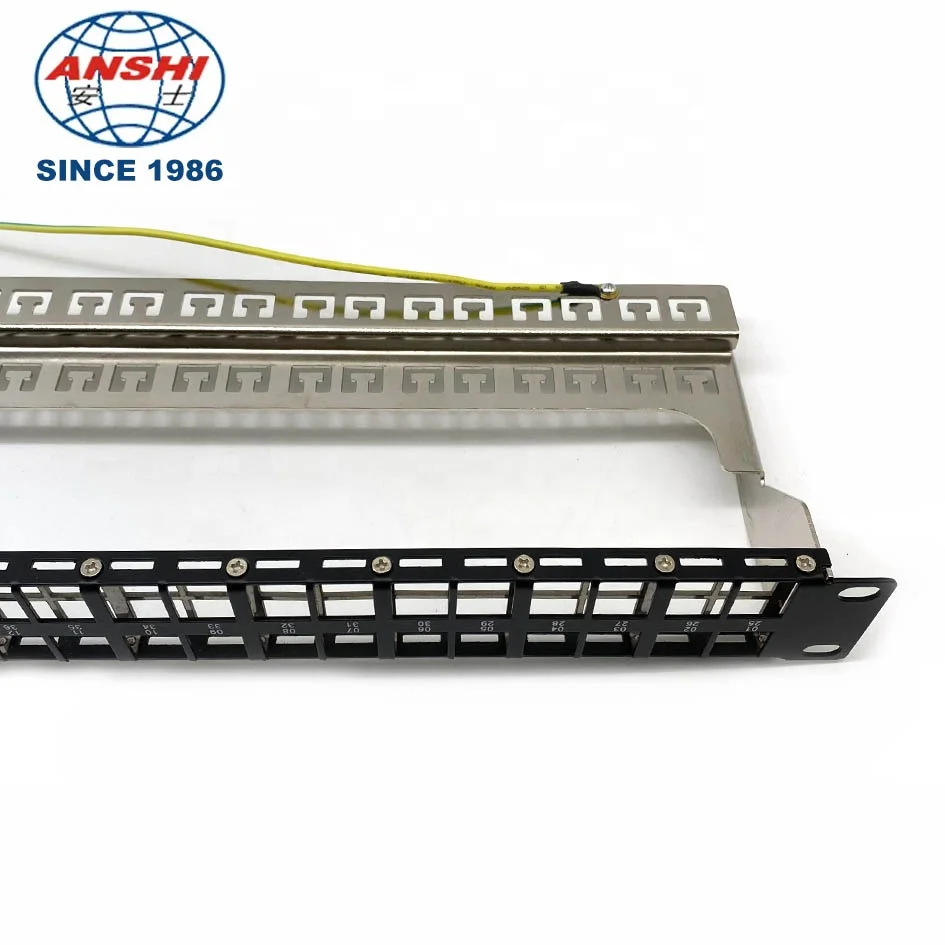 ANSHI  Unloaded 1U 48 Port 19 inch CAT5E CAT6 CAT6A Shielded STP Patch Panel with Cable Management