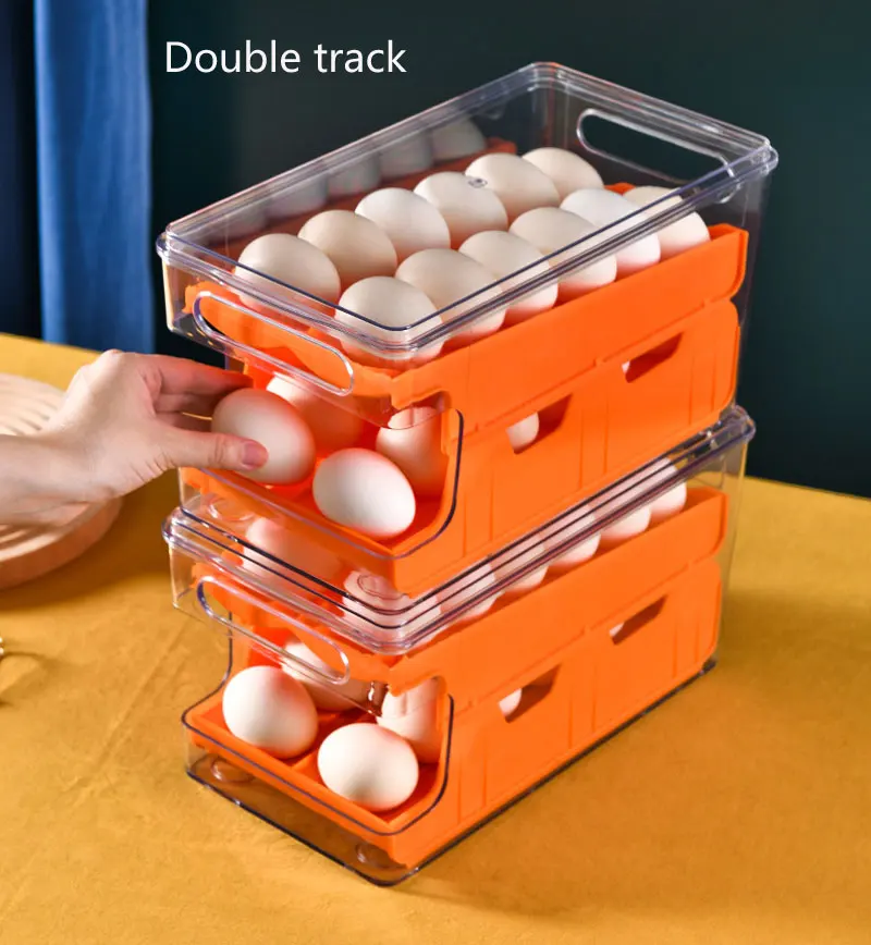 Stackable Fridge Egg Organizer Large Capacity Double track Automatic Rolling Container For Eggs