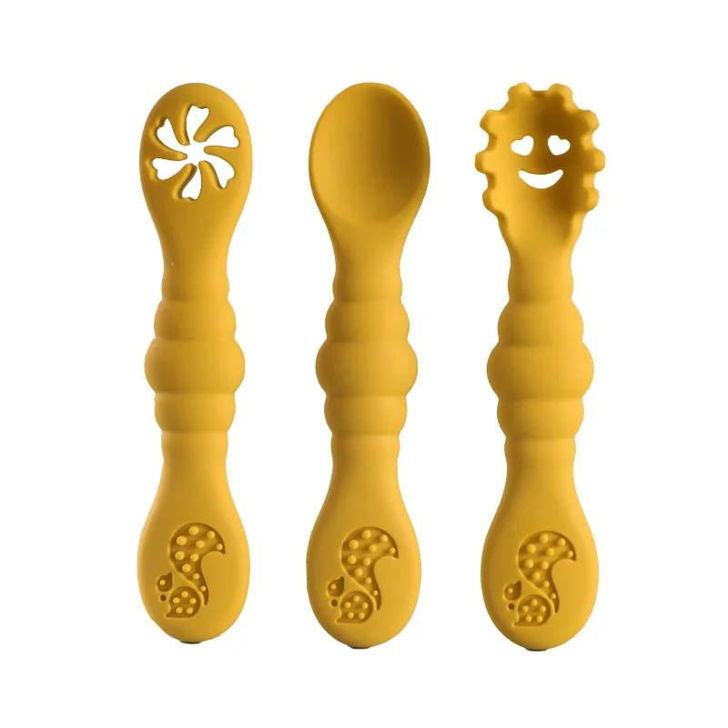 Wholesale Price 3pcs Set Silicone Kid Feeding Set with Spoon Silicone Bpa Free Spoon Baby Spoon Silicone