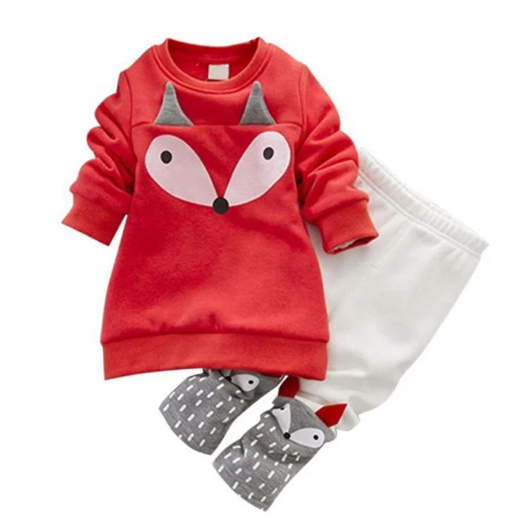 Cute Cartoon Fox Long Sleeves Fleece Winter Toddlers Girls Clothing Sets 5-6 Years Old Casual Sweatshirt and Leggings Outfits