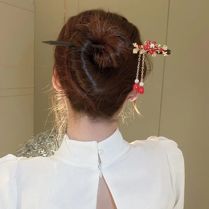 Jiamu New Chinese Style Hair Stick Elegant Flower Butterfly Tasseling Wood Hair Stick For Women Girls Minority Hair Accessories