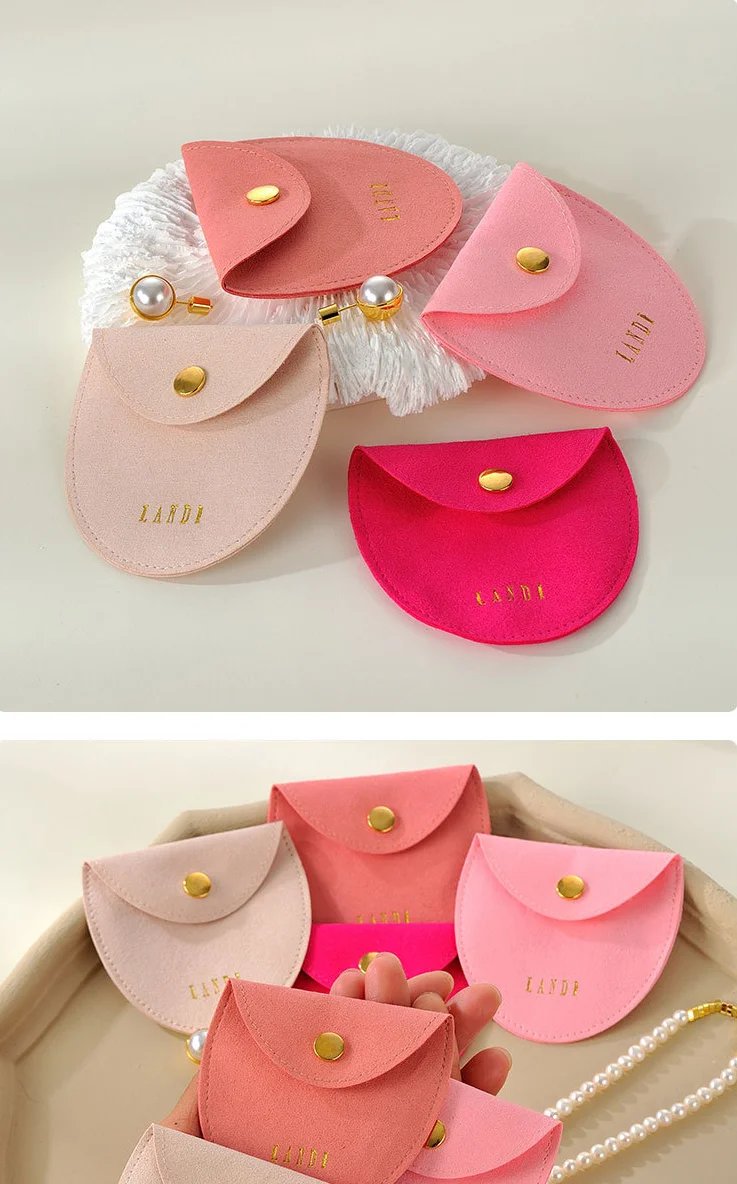 New Arrival Magnetic Box Custom Logo Drawer foldable  Box Pink Microfiber Oval Metal Buckle Bag Jewelry Pouch Set Gift Packaging