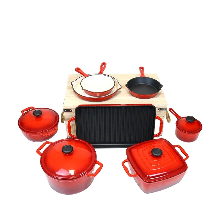 Factory Outlet Kitchen Accessories Custom Pots and Pans Cooking 8-Piece Enamel Cherry Red Cast Iron Cookware Sets