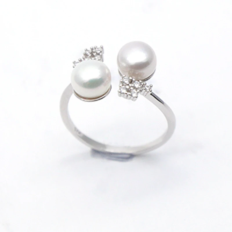 fine jewelry double fresh water pearl with rings 925 Sterling silver open zircon ring women pearl cut engagement ring