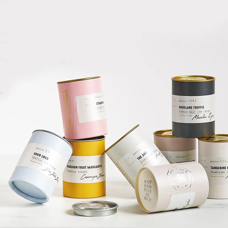 Eco Friendly Empty Round Cardboard Powder Container Ice Cream Food Paper Tube Tea Packaging With Seal Metal Lid