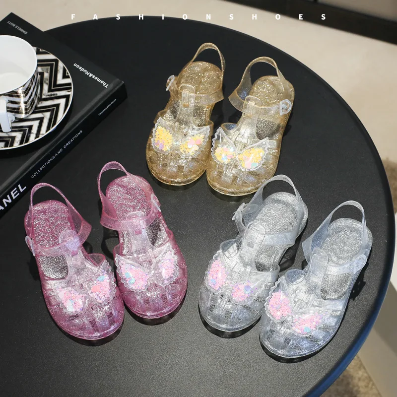 New Fashion Crystal Slippers Home Bathroom Anti-Slip Slippers Summer Outdoor Transparent Sandals Kids Cute Butterfly Pattern