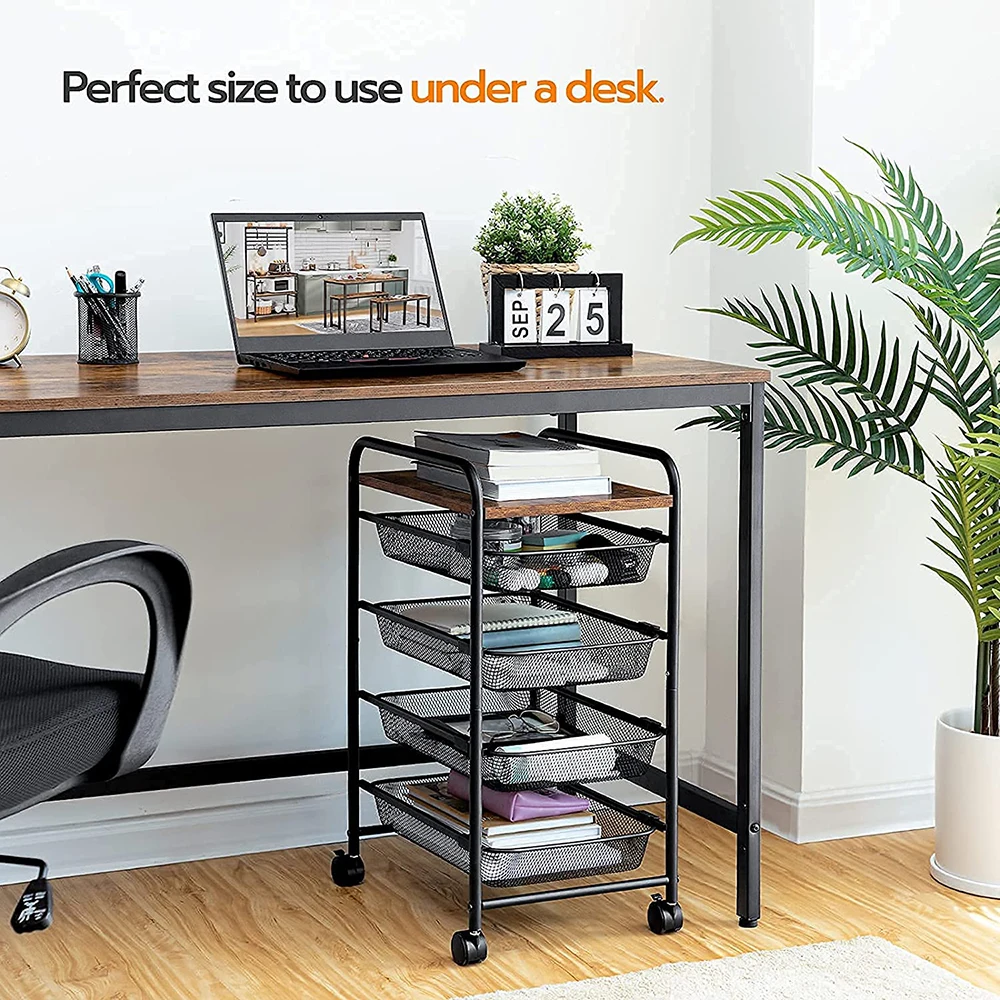 4-Tier Rolling Cart, Kitchen Cart on Wheels, Storage Cart with Lockable Wheels and Durable Steel Mesh Construction