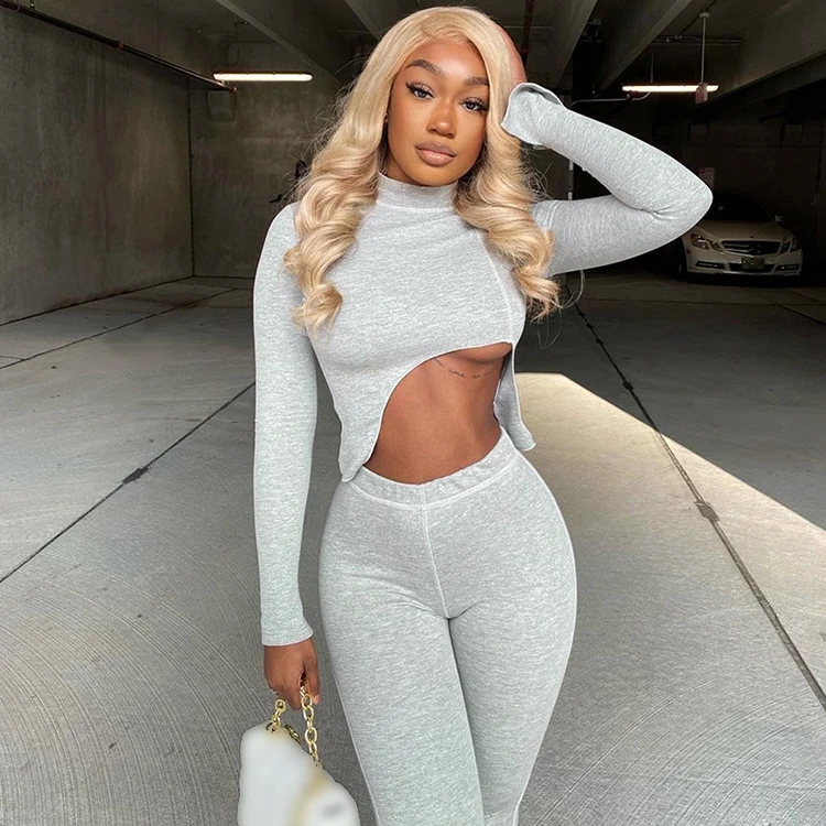 Solid Matching Irregular Lady Crop Top And Pants Outfits Fall Autumn Stylish Clothing Women Co Ord Tracksuits 2 Two Piece Set