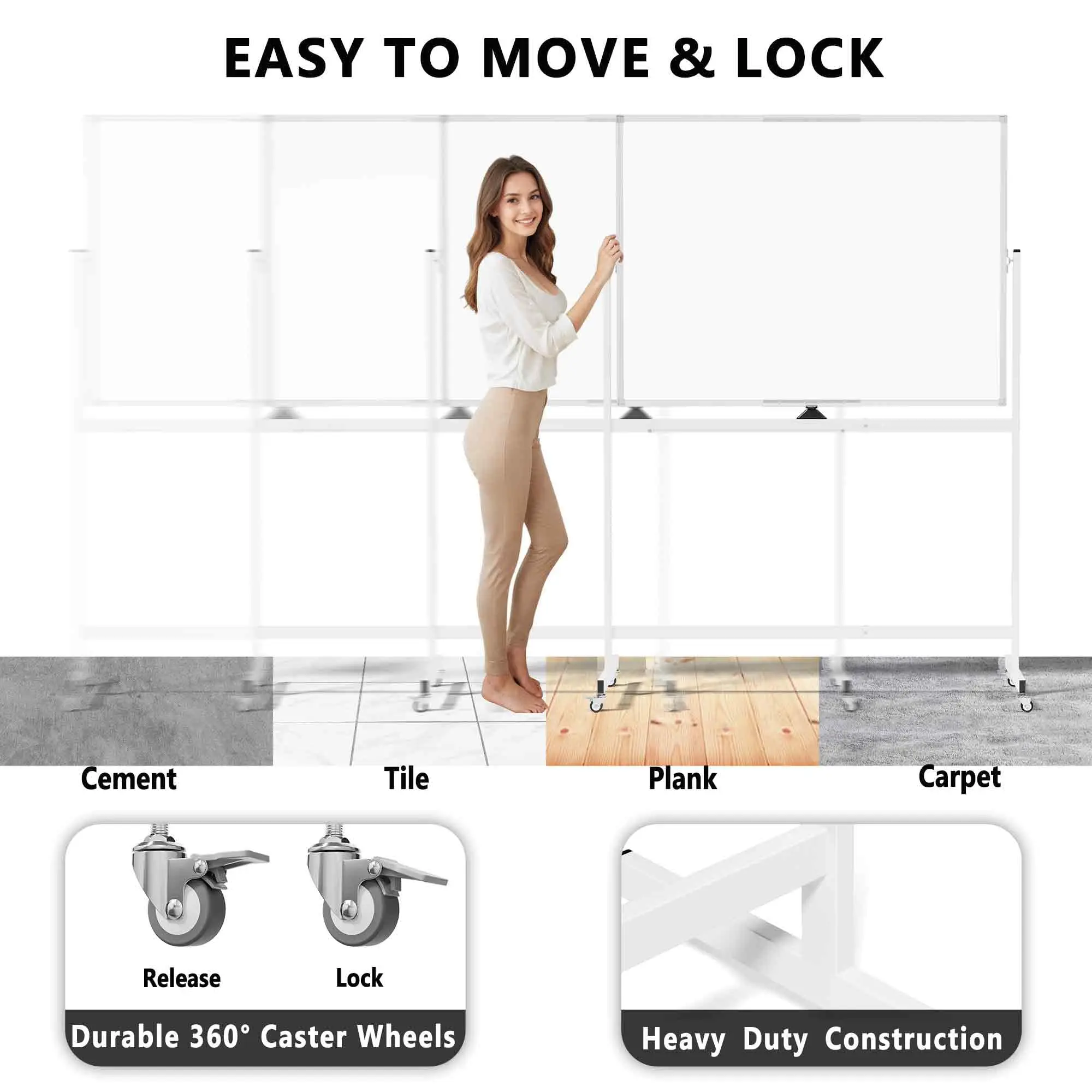 Large Rolling Whiteboard on Wheels Double-Sided Mobile White Board with Stand Portable Standing Magnetic Dry Erase Board Easel