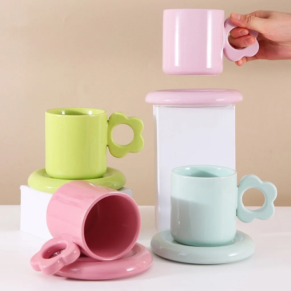 High Quality Korean Ceramic Coffee Cup And Saucer Set Pink Green Blue Macaron Coffee Cup Mug Saucer
