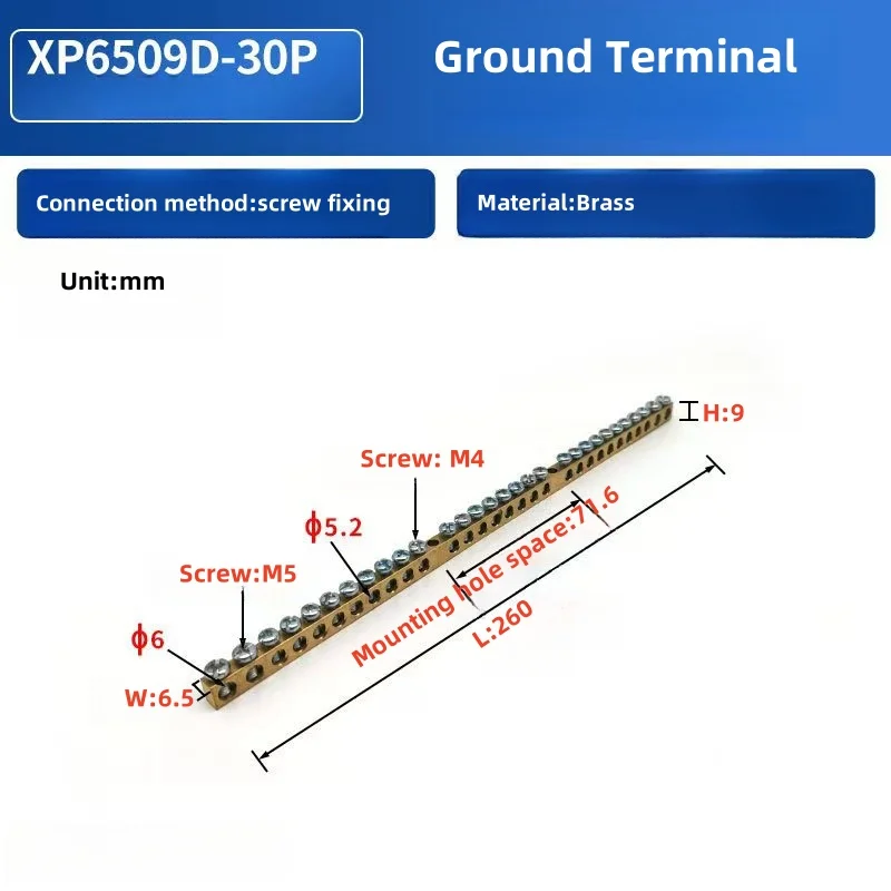XP6509D-30P  DIN Rail Power Distribution Terminal Block Screw Fixing Ground Bar Connector
