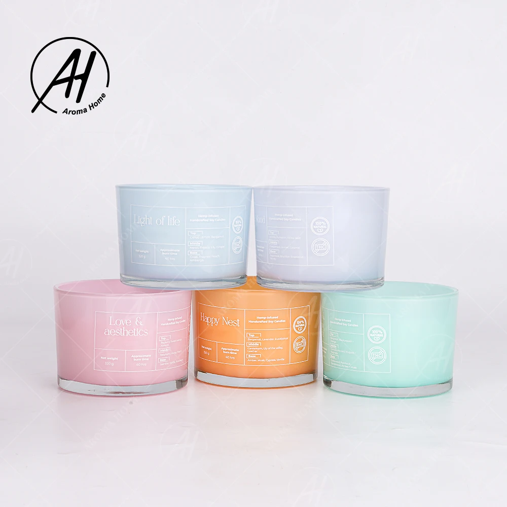 AROMA HOME Customized 5 Colors Bright Glass Jar Aromatherapy Soy Wax 3 Wicks Scented Candle With Rigid Box Cloth Bag