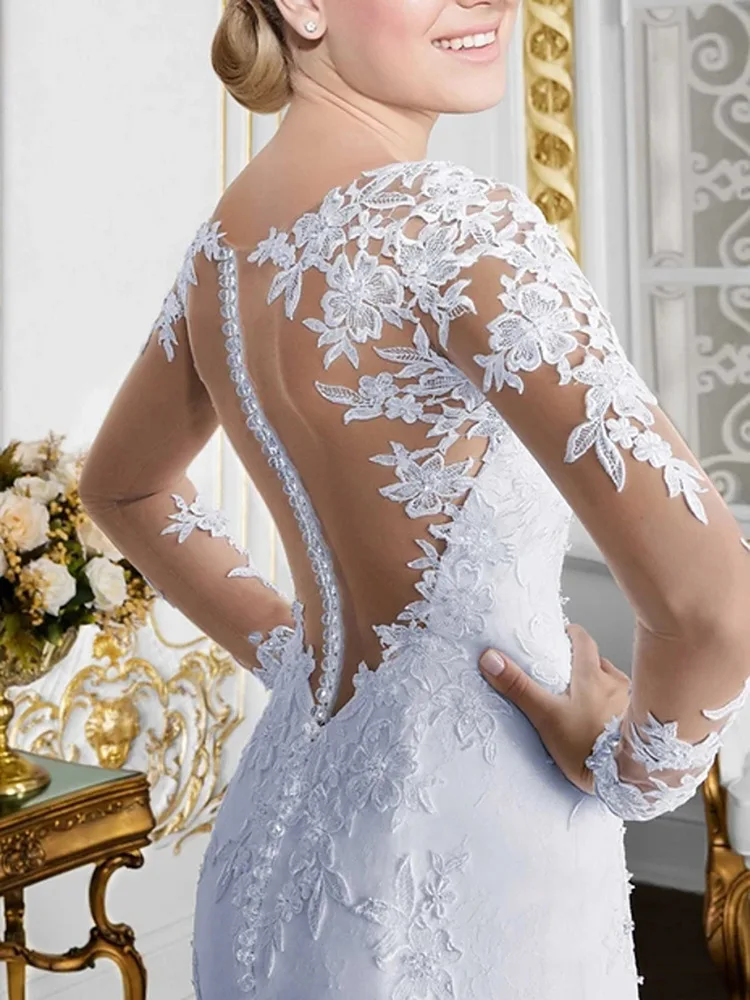 Customized wedding dress fishtail new style European style slim sexy long sleeves leaky back wedding banquet