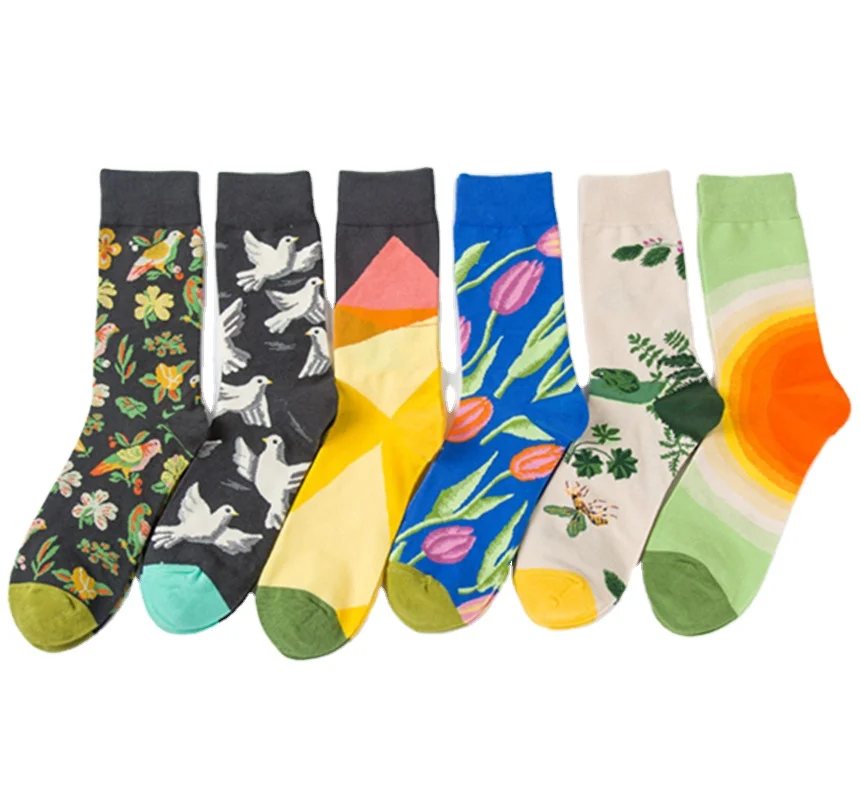 Fashion color men and women high quality socks personality flowers and birds sketch series socks